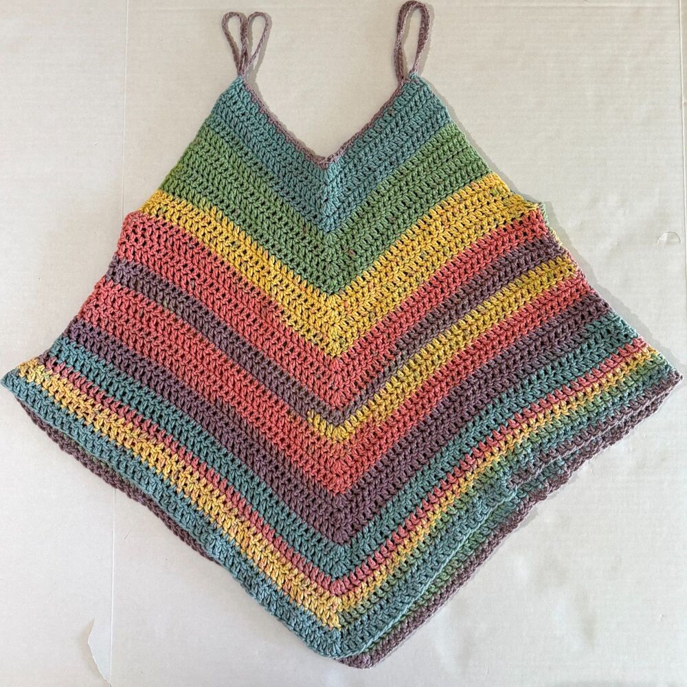 Rainbow Crochet V Striped Handmade Tank Top, M Boho Festival - Picture 7 of 7